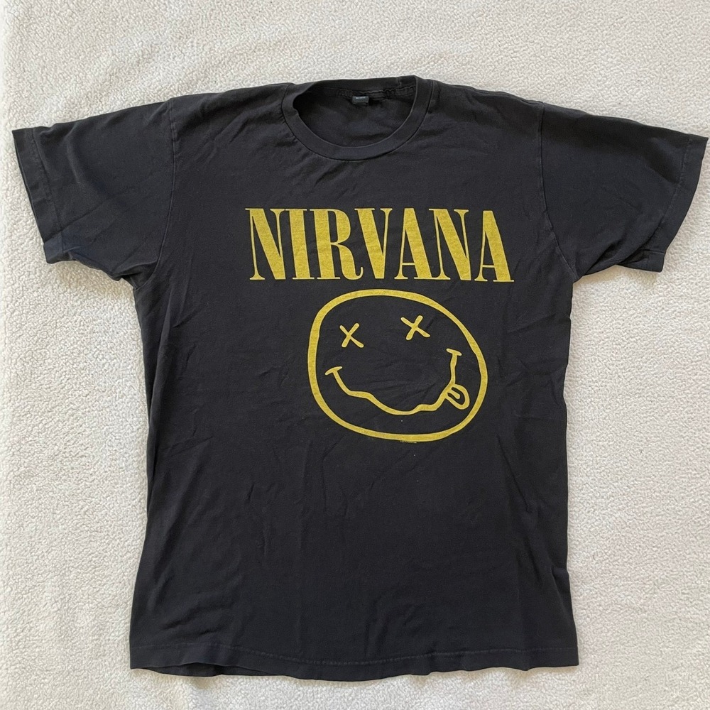 Nirvana Mens Medium T-Shirt Black‎ Smiley Face Logo Graphic Band Tee 2014 Tultex